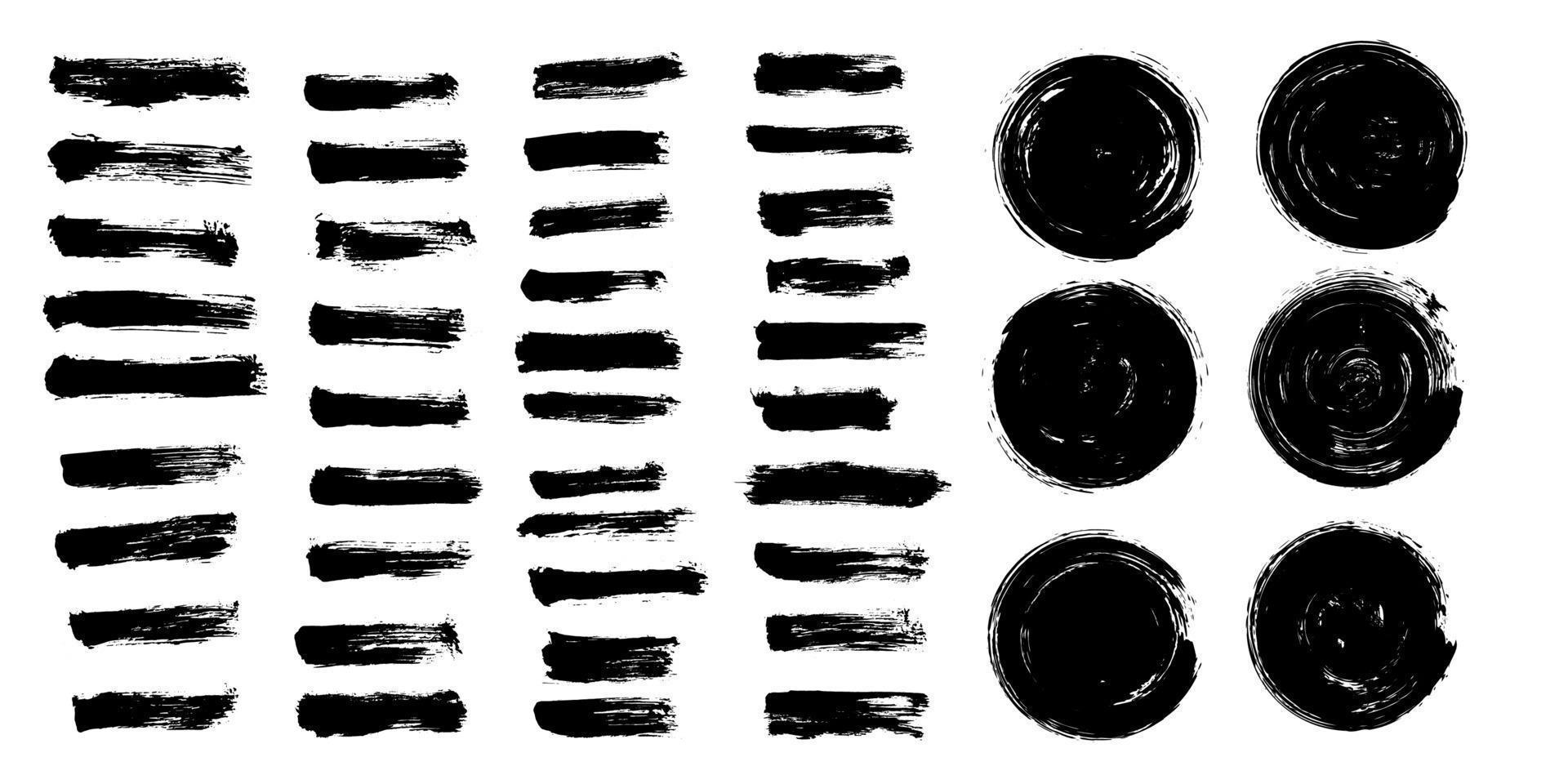 Vector set black paint brush stroke. Black ink round shape grunge texture background.