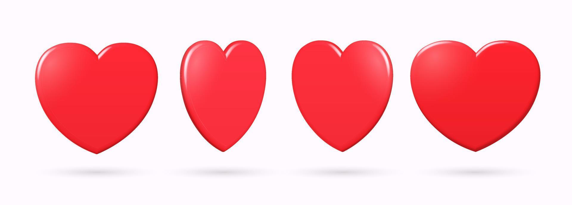 conjunto de corazones 3d. colección de símbolos de amor realistas en color rojo con varias vistas. elemento de diseño de ilustración vectorial. vector