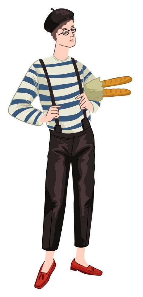 Man with baguettes wearing french style clothes vector