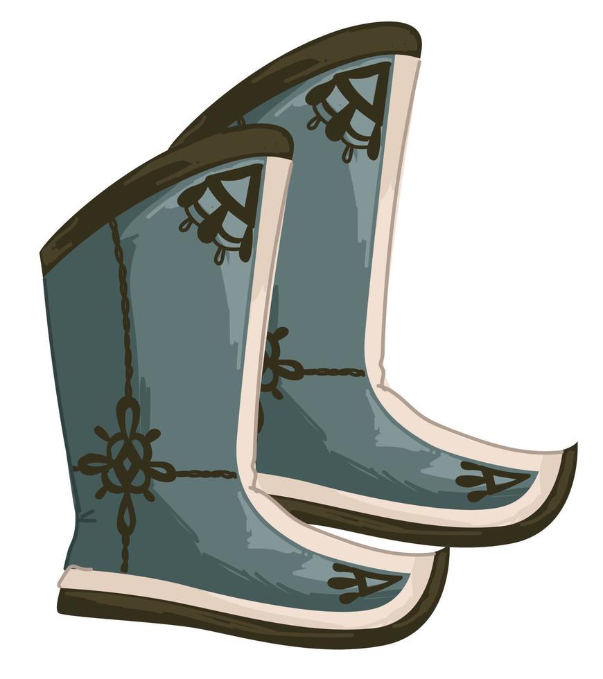 Old boots with ornaments and decor, hunting shoes vector