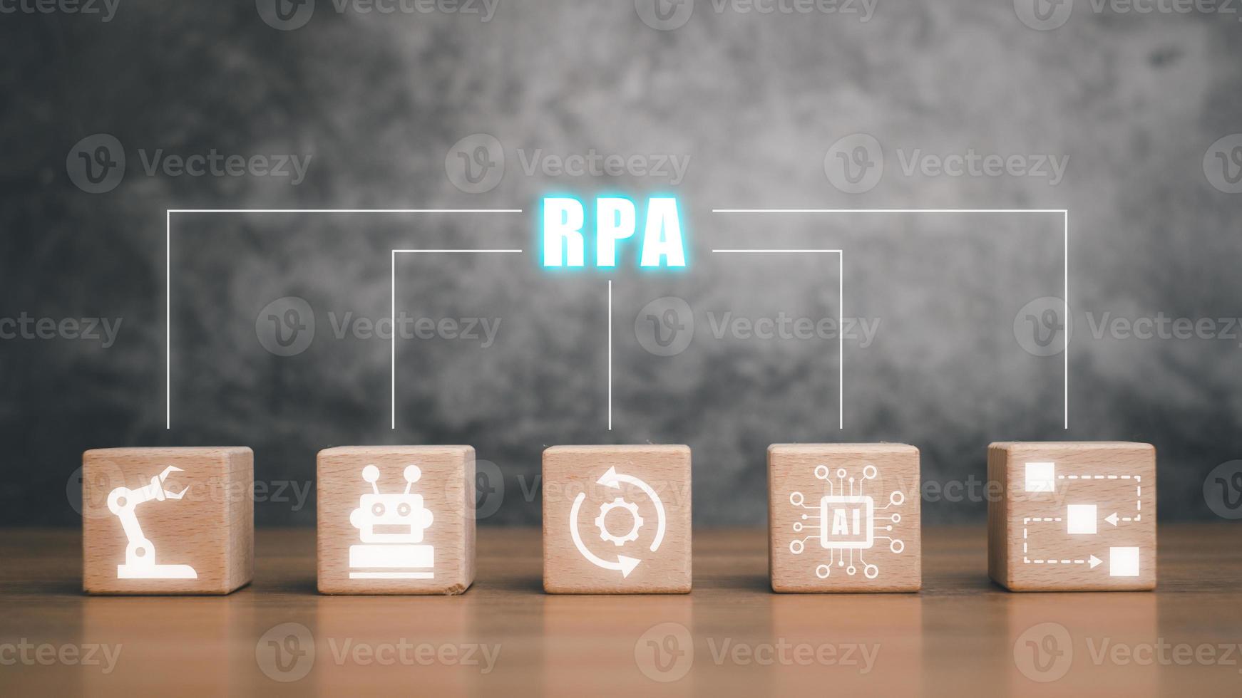RPA Robotic Process Automation Innovation technology concept, Wooden cube block with VR screen RPA icon, copy space. photo