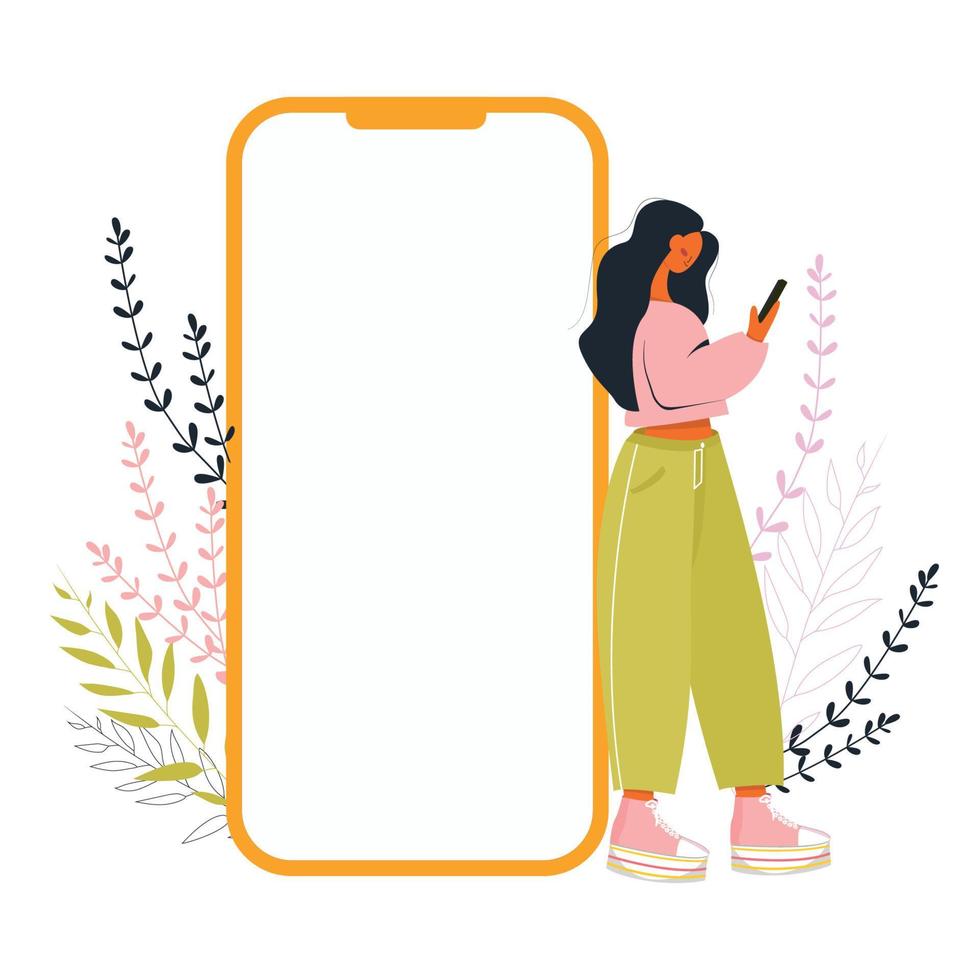 a girl with a smartphone, a blank screen of an advertising mobile phone, a mobile application vector