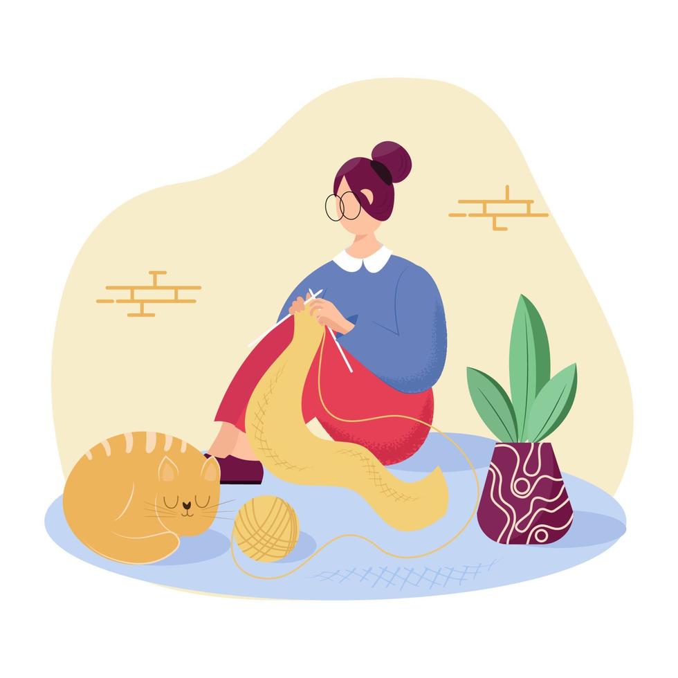 Happy creative woman knitting near houseplant at home. Hobby courses or workshops for learning knitting. Stay home activity, quarantine concept. Flat vector illustration.