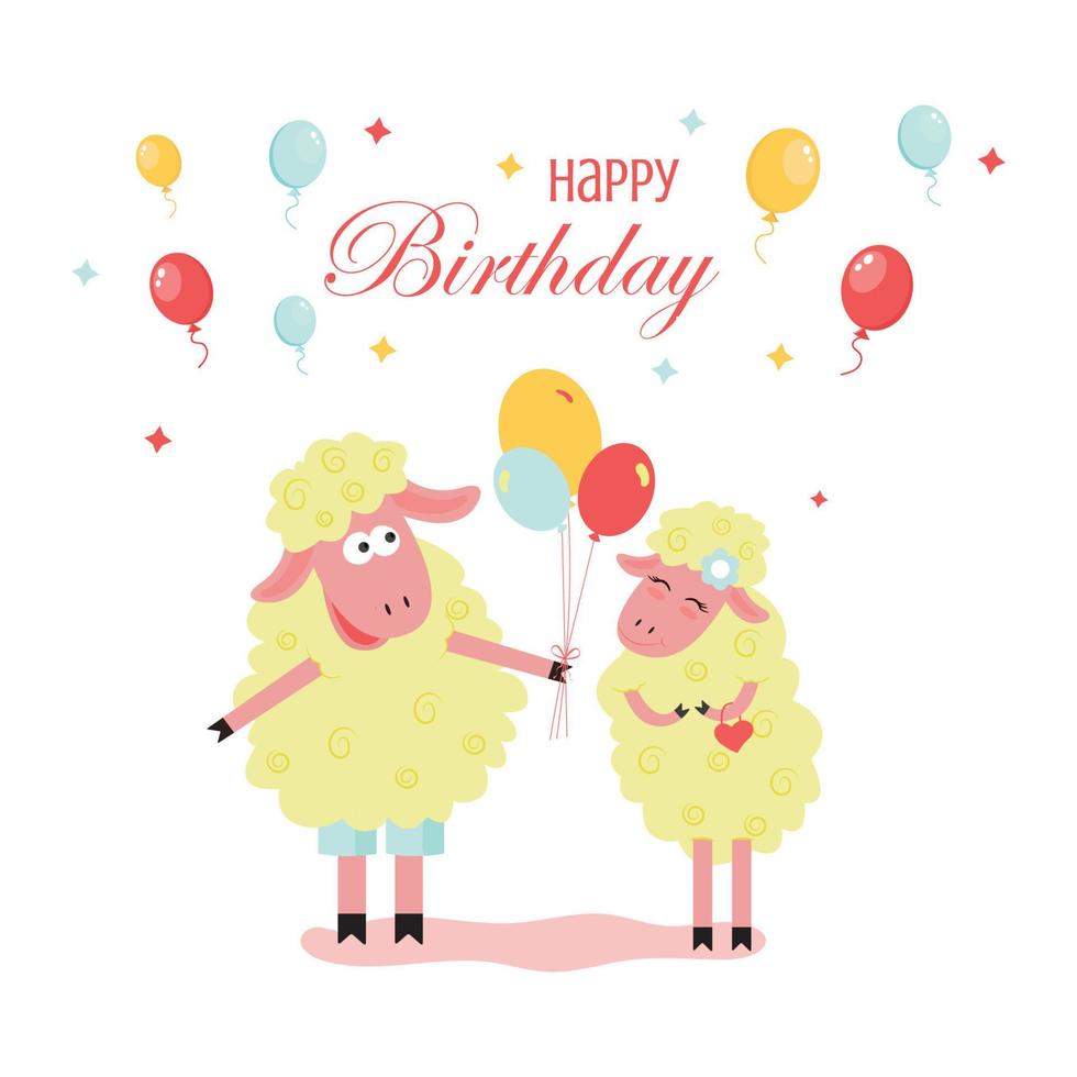 Happy birthday greeting card with two cute cartoon sheeps vector
