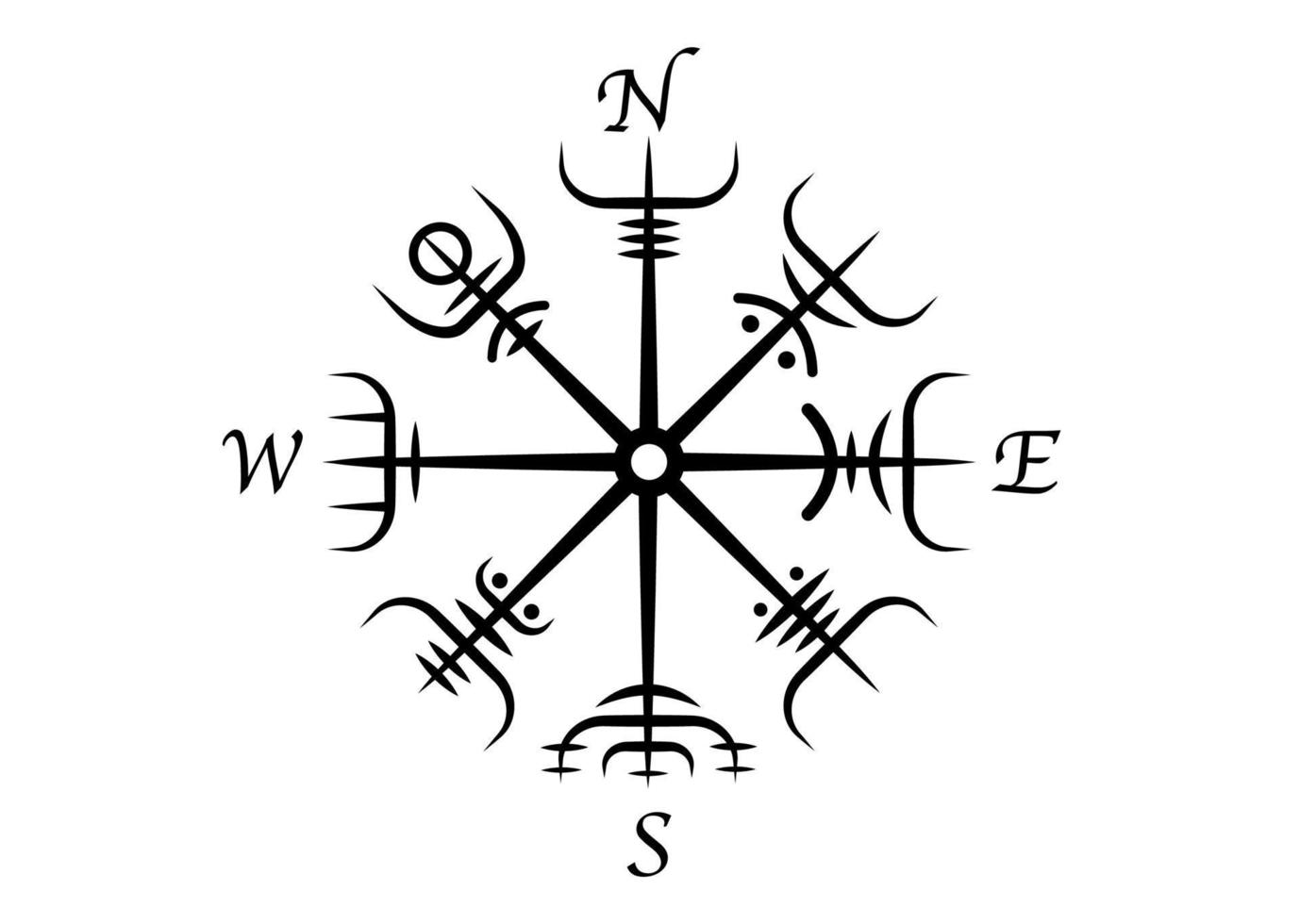 brújula asatru pagana vikinga, rosa de los vientos vegvisir, brújula rúnica de navegación, mitología nórdica. talismán protector para los viajeros. navegante mágico para los errantes. tatuaje vectorial aislado en blanco vector