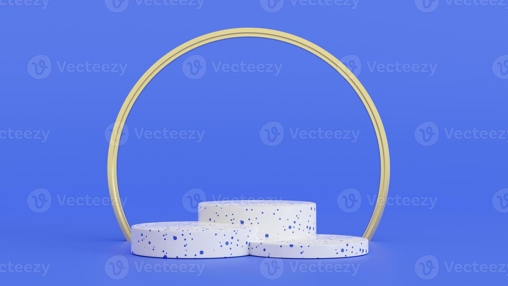 3D rendering White Terrazzo Circle Podium With Gold Circle on Bl photo