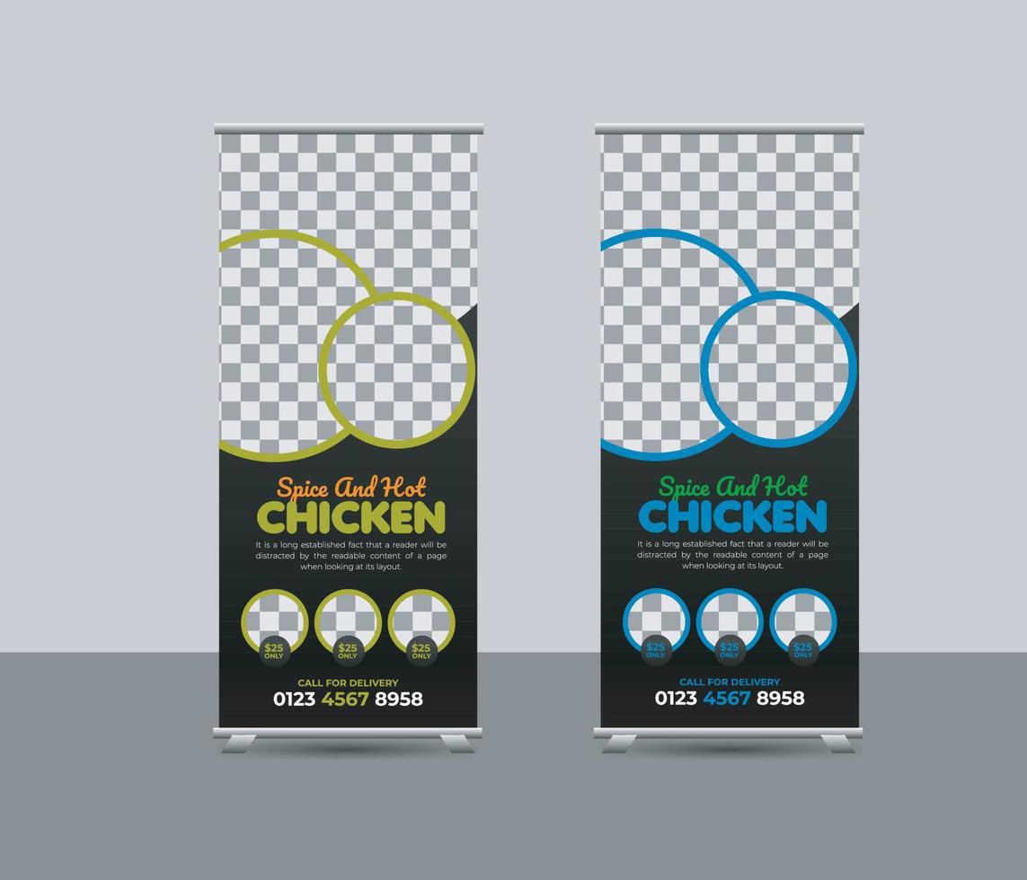 plantilla de banner enrollable de menú de alimentos o promoción de servicios de restaurante x diseño de banner de señalización retráctil extraíble de stand rollup, banner enrollable de comida deliciosa vector