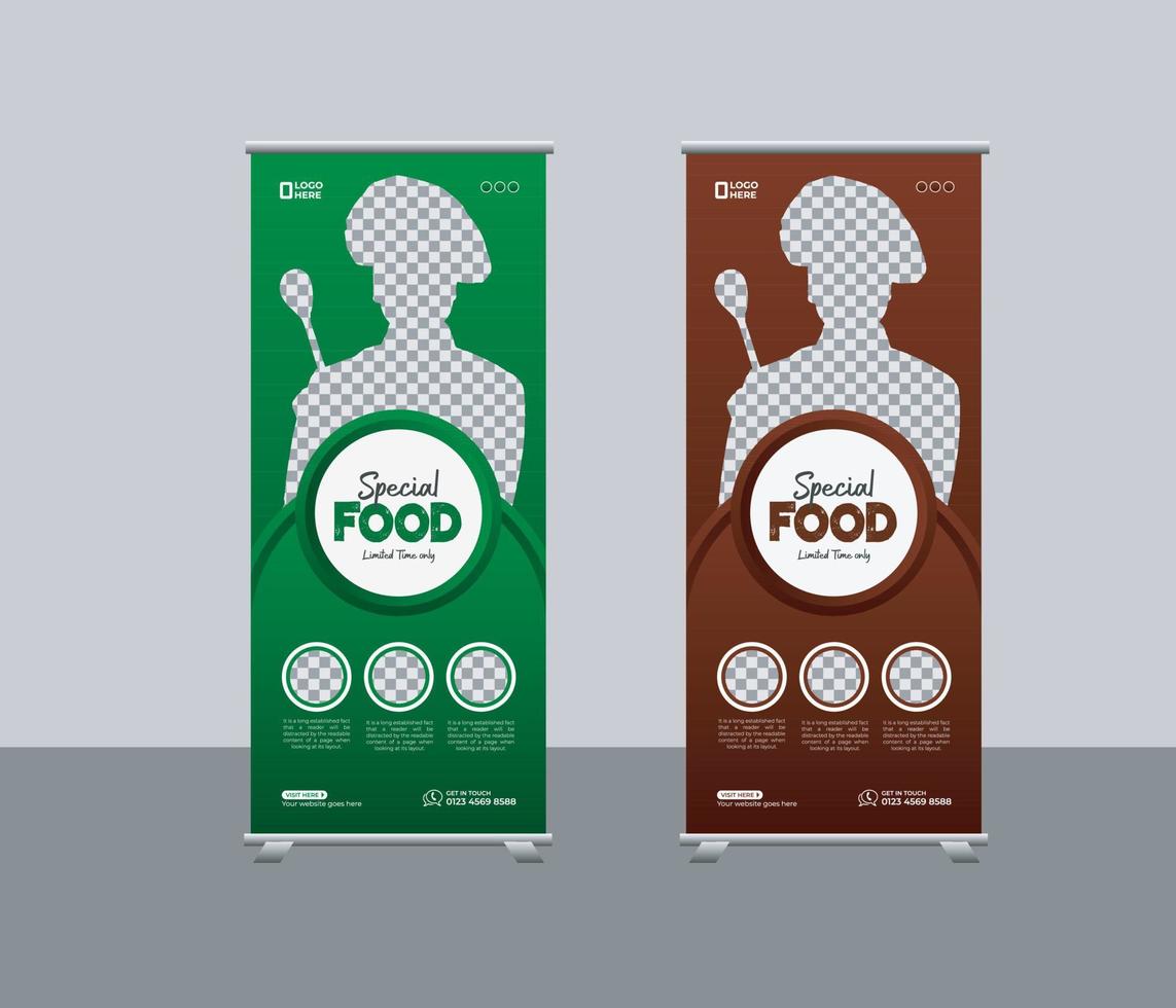 Food menu  roll-up banner template o restaurant services promotion x stand rollup pull-up  retractable signage banner design, delicious food rollup banner vector
