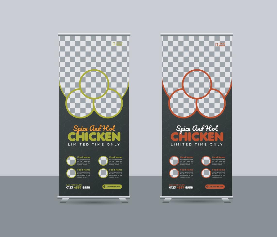 plantilla de banner enrollable de menú de alimentos o promoción de servicios de restaurante x diseño de banner de señalización retráctil extraíble de stand rollup, banner enrollable de comida deliciosa vector