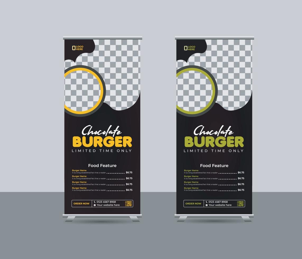 Food menu  roll-up banner template o restaurant services promotion x stand rollup pull-up  retractable signage banner design, delicious food rollup banner vector