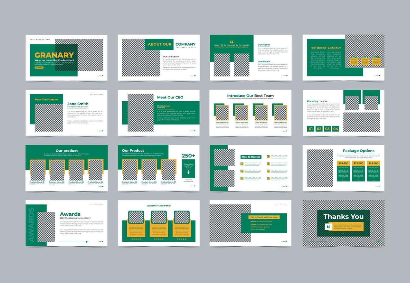 plantilla de diapositiva de presentación de agricultura o diseño de vector de plantilla de presentación de powerpoint de granja de agricultura, diseño de plantilla de presentación de diapositiva verde mínima de agricultura orgánica, página de inicio, control deslizante de sitio web