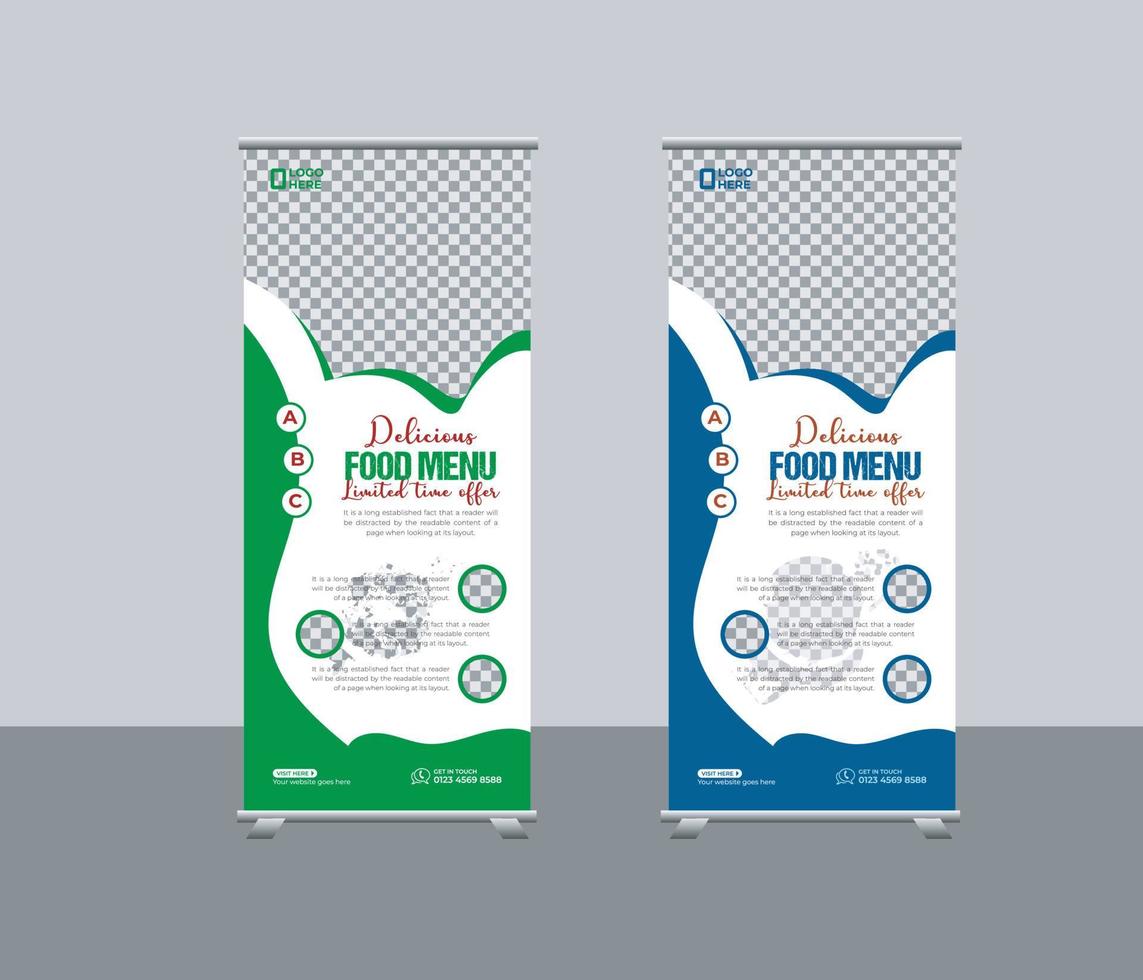 Food menu  roll-up banner template o restaurant services promotion x stand rollup pull-up  retractable signage banner design, delicious food rollup banner vector