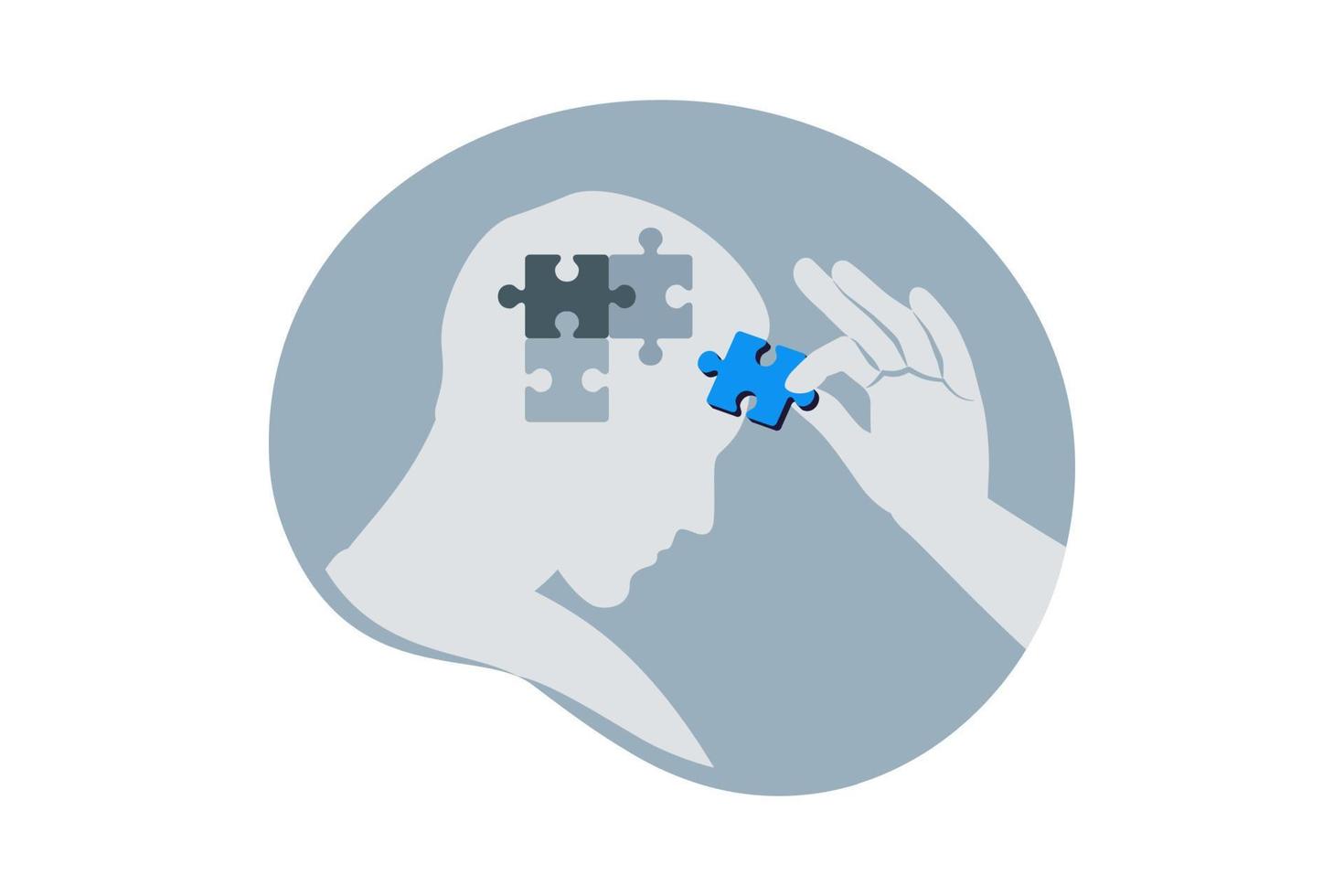 Psychologic therapy session concept. Helping hand adds missing jigsaw puzzle pieces. Man with mental disorder, anxiety and confusion mind or stress. Vector illustration.