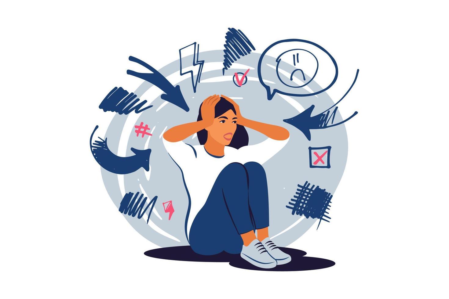 Mental disorder concept. Nervous woman with mental problem feeling anxiety. Vector illustration.