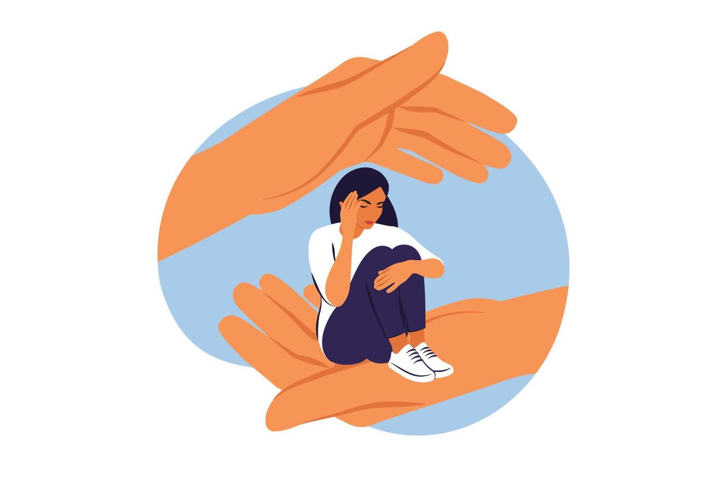 concepto de psicoterapia. un personaje de mujer joven sentada en una palma de mano, psicoterapia, ayuda y apoyo, una sesión de asesoramiento. ilustración vectorial vector