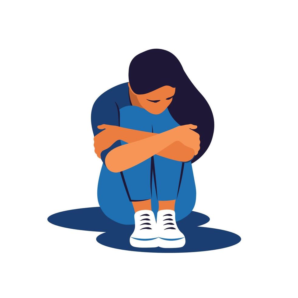 Depression woman sit on the floor and hugging her knees. Young woman confused. Anxiety disorder. Vector illustration.