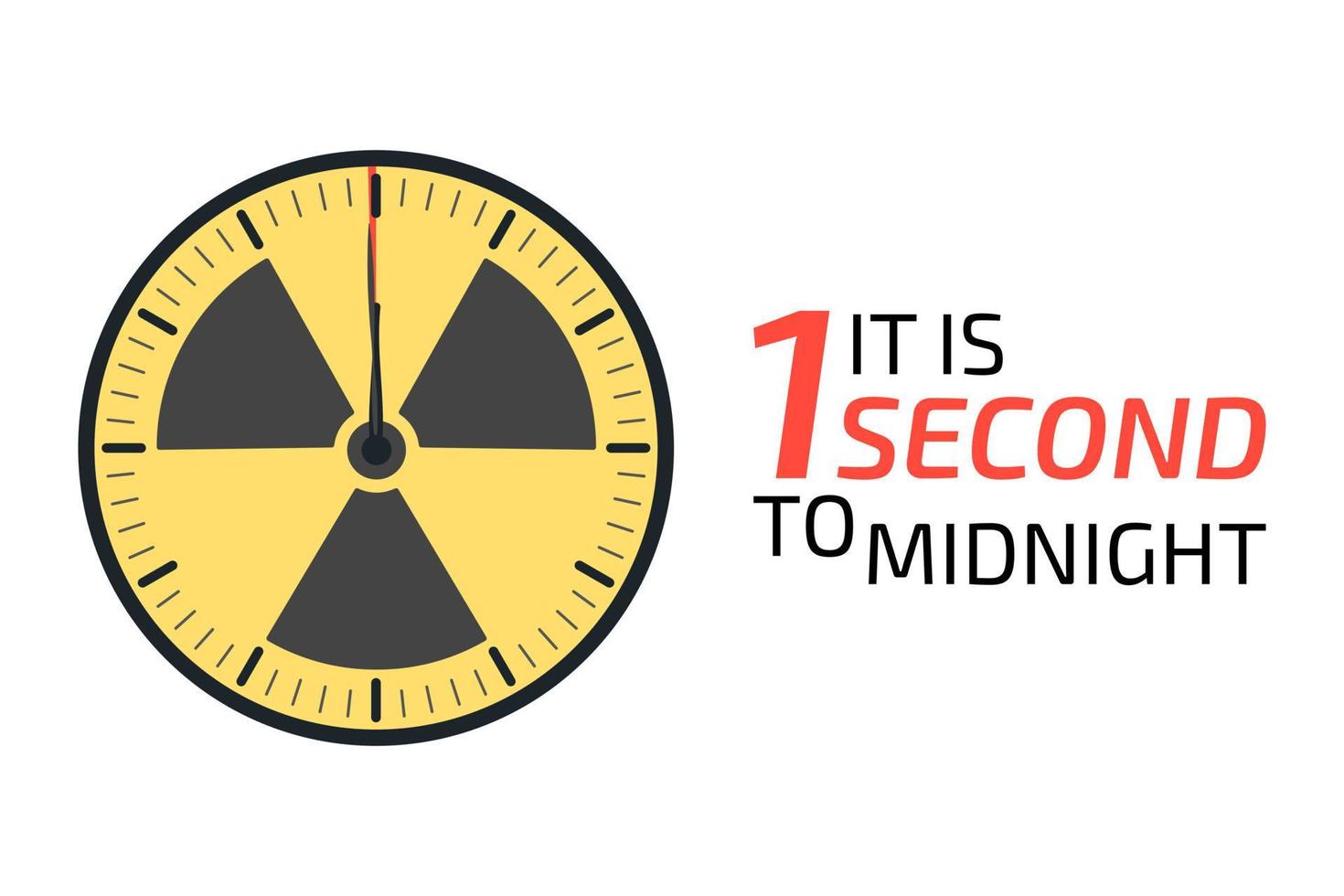 It is 1 second to the midnight banner with watch and radiation sign. Doomsday alarm poster. Doomsday clock. Symbol of global catastrophe, apocalypse sign. Flat vector illustration.