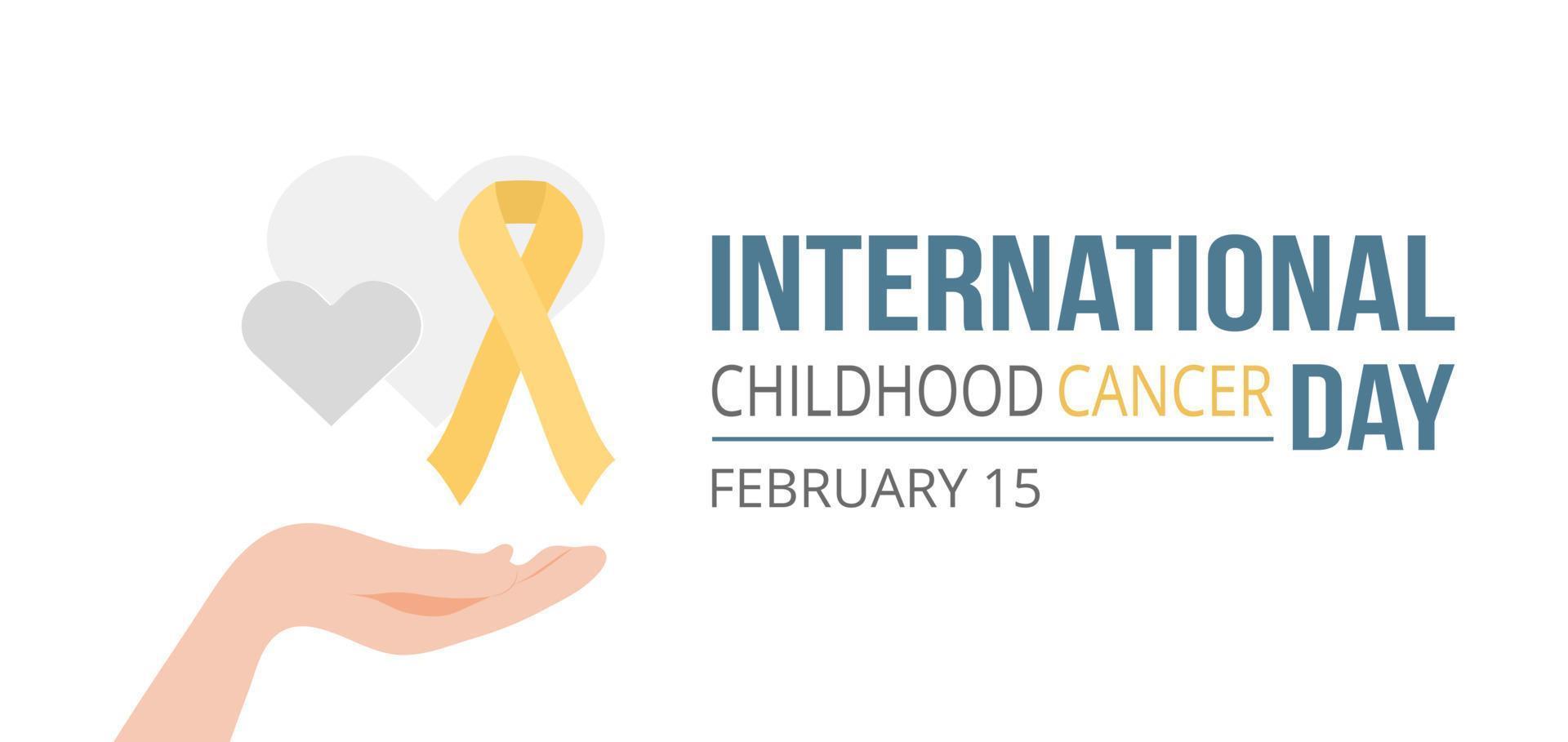 Gray hearts and yellow ribbon in hand banner. International Childhood Cancer day vector