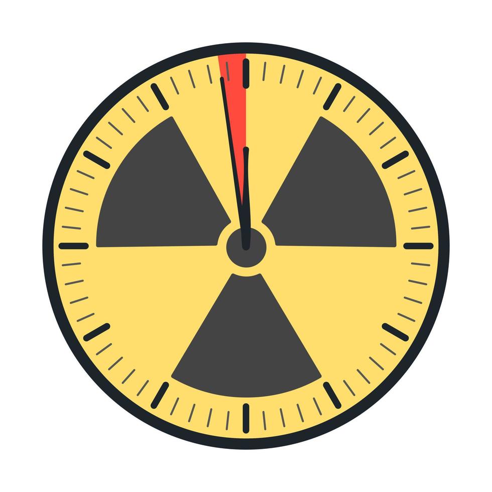 cartel de alarma del fin del mundo con símbolo de radiación. reloj del fin del mundo. símbolo de catástrofe global, signo de apocalipsis. ilustración vectorial plana. vector