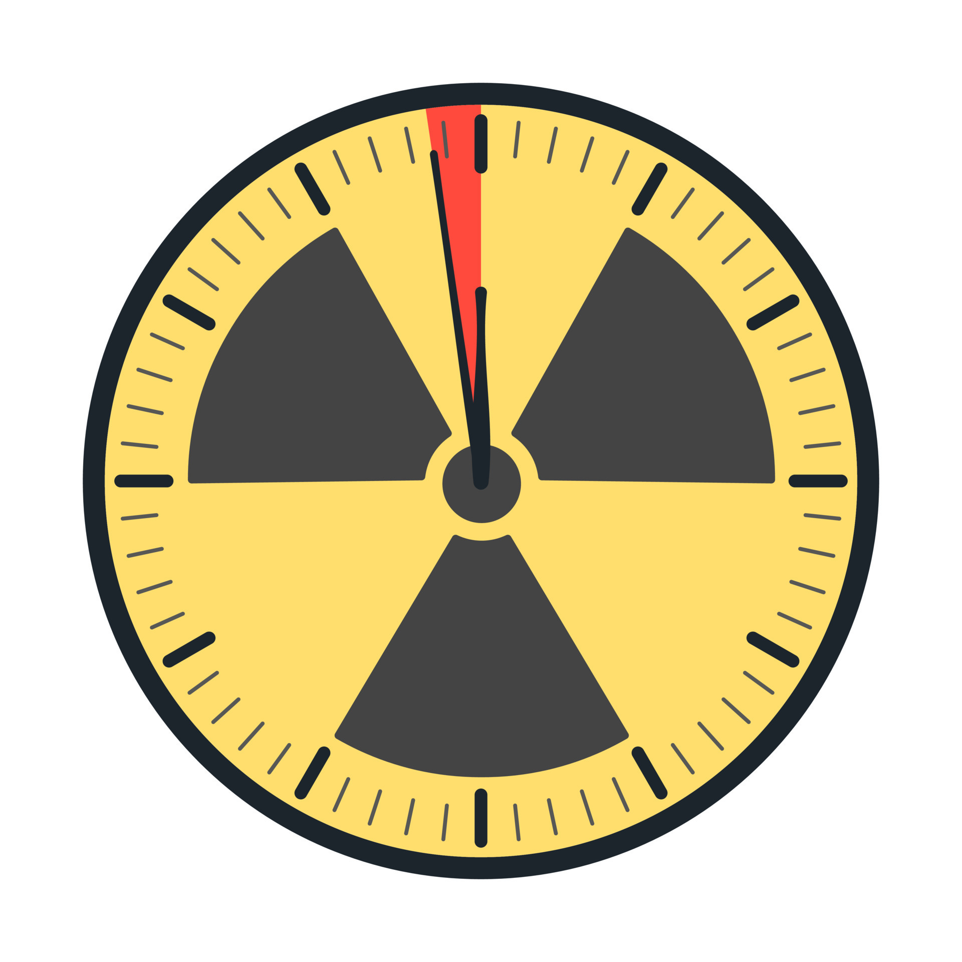 Doomsday alarm poster with radiation symbol. Doomsday clock. Symbol of 