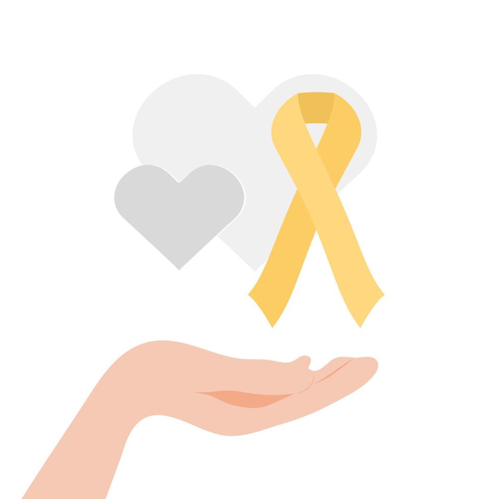 Gray hearts and yellow ribbon in hand. International Childhood Cancer day vector