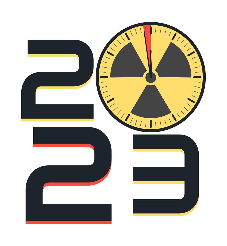 2023 poster with watch and radiation sign. Doomsday clock. Symbol of global catastrophe, apocalypse sign. Flat vector illustration.