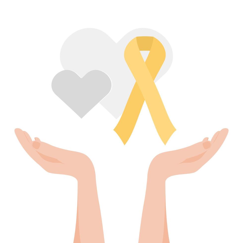 Gray hearts and yellow ribbon in hands. International Childhood Cancer day vector