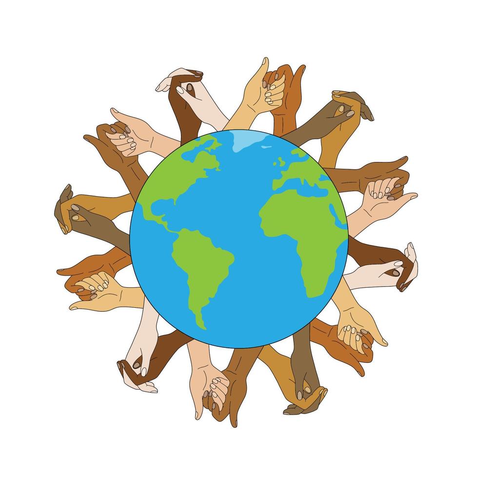 Hands of people of different nationalities on the background of planet Earth. The concept of racial equality and harmony of human coexistence. vector