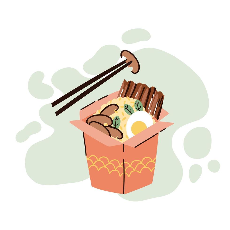 take out rice with meat, mushrooms and egg. hand drawn vector illustration in flat style