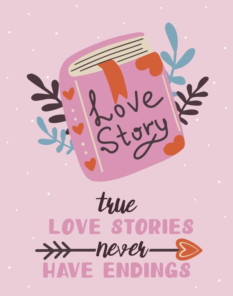 linda tarjeta de san valentín dibujada a mano con texto historias de amor verdadero sin fin vector