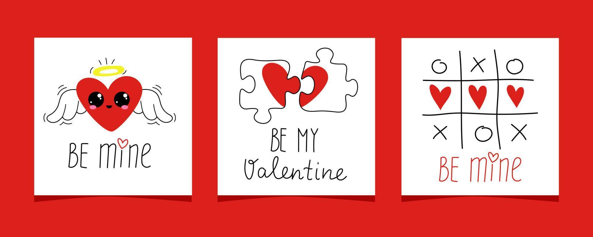 un conjunto de tarjetas románticas para el día de san valentín. lindo corazón con alas, rompecabezas, tres en raya. estilo de línea vector
