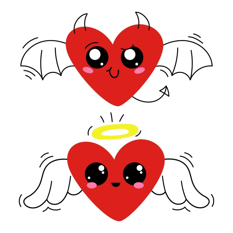 Angel and devil heart cute character icon set isolated on white background. vector