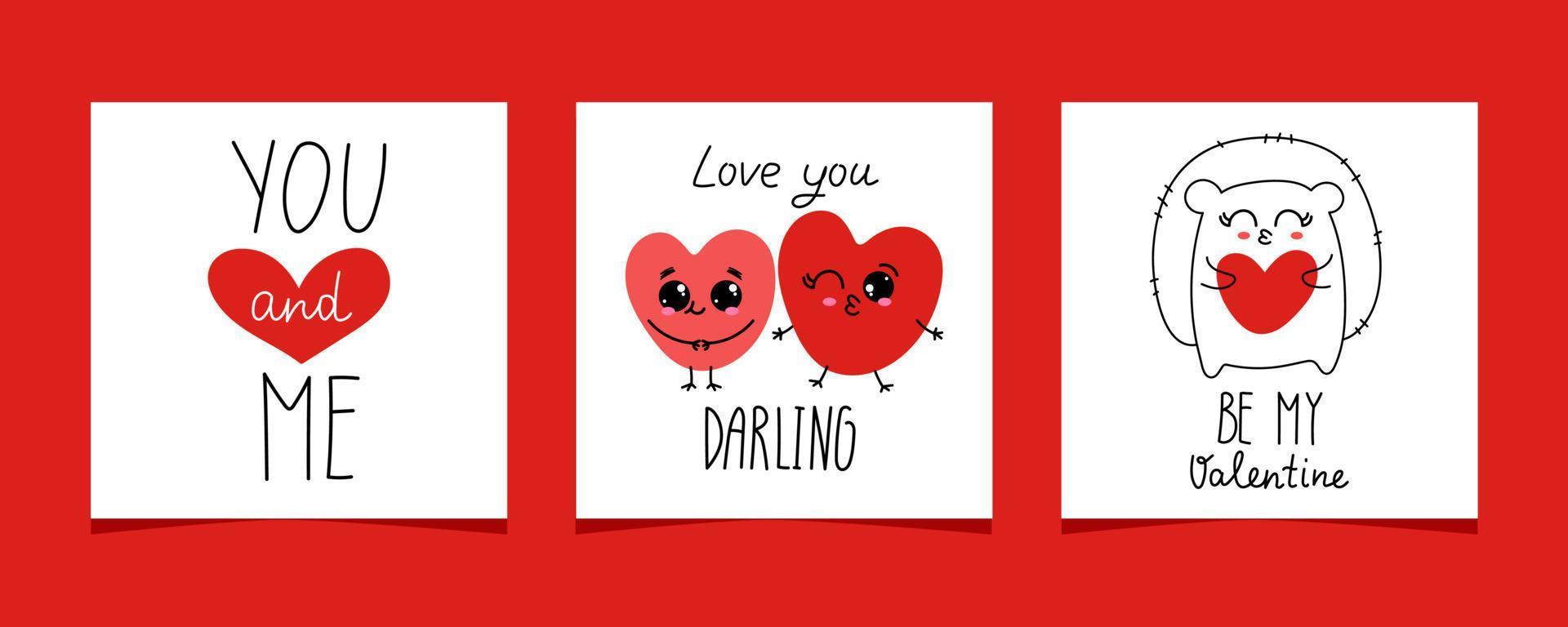 A set of romantic cards for Valentine's Day. Lovely hearts, hand-drawn hedgehog. Line style vector