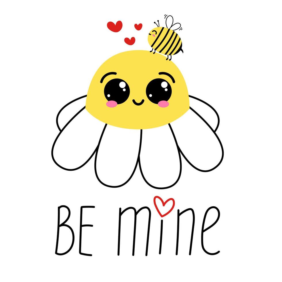 Valentine's Day card. Chamomile flower with cute face and bee cartoon Romantic card with hand lettering My love. vector