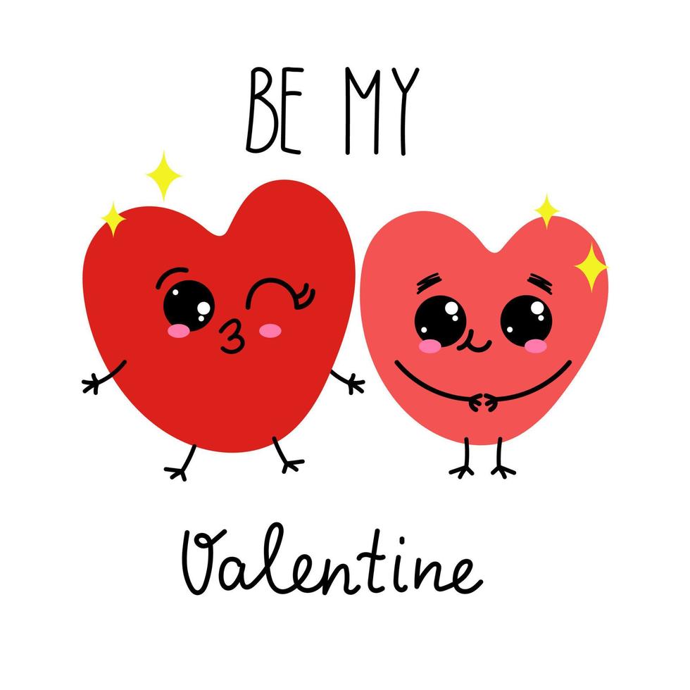 tarjeta del día de san valentín. dos lindos corazones dibujados a mano con las letras be my valentine. vector