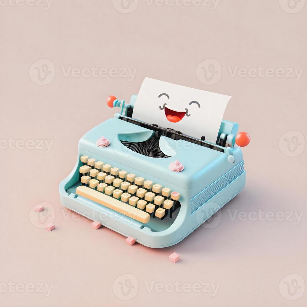 Cute whimsical 3D typewriter icon character perfect for writing, literature projects, website icons, app buttons, marketing materials. Adorable cartoon-like design, cheerful colors, friendly express photo