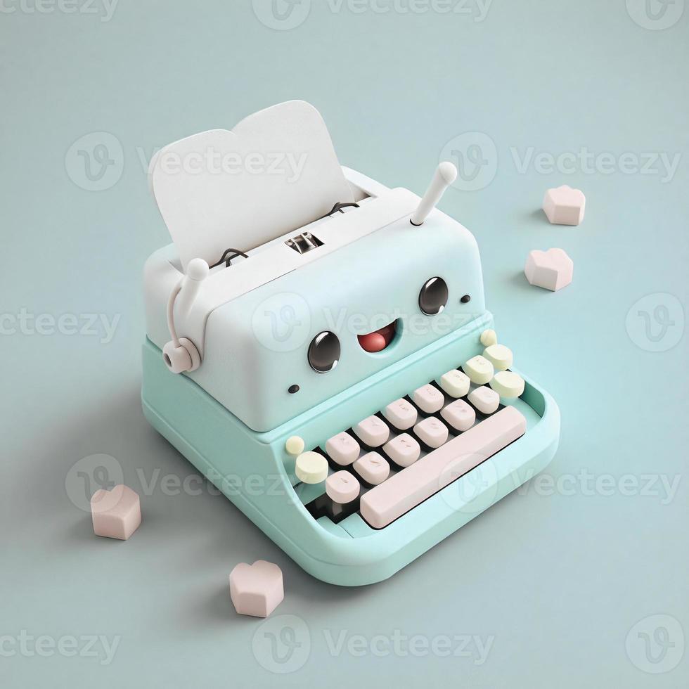 Cute whimsical 3D typewriter icon character perfect for writing, literature projects, website icons, app buttons, marketing materials. Adorable cartoon-like design, cheerful colors, friendly express photo