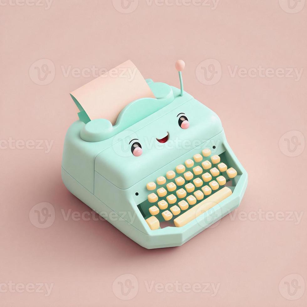 Cute whimsical 3D typewriter icon character perfect for writing, literature projects, website icons, app buttons, marketing materials. Adorable cartoon-like design, cheerful colors, friendly express photo