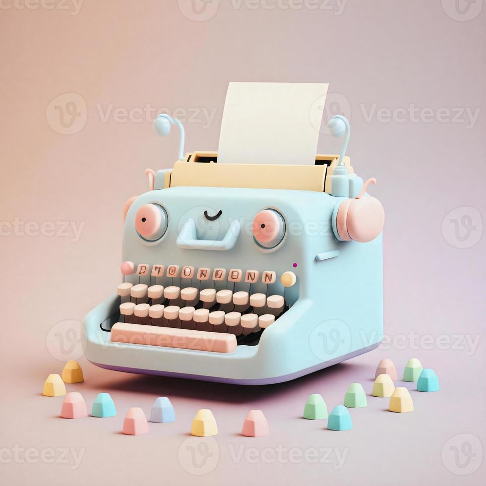 Cute whimsical 3D typewriter icon character perfect for writing, literature projects, website icons, app buttons, marketing materials. Adorable cartoon-like design, cheerful colors, friendly express photo