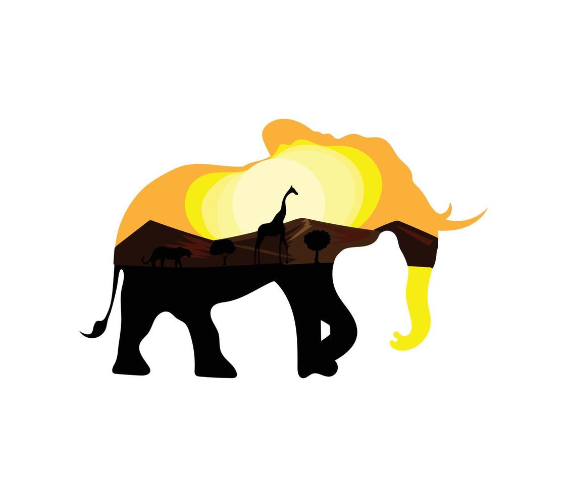 Silueta de elefante con ilustración de vector de paisaje de naturaleza africana