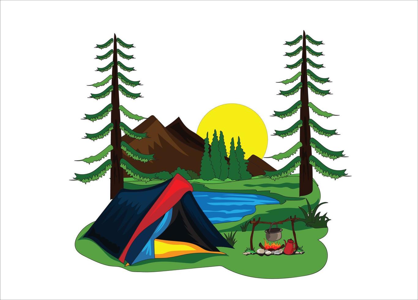 concepto de vector de dibujos animados de campamento de picnic. hermoso paisaje verde