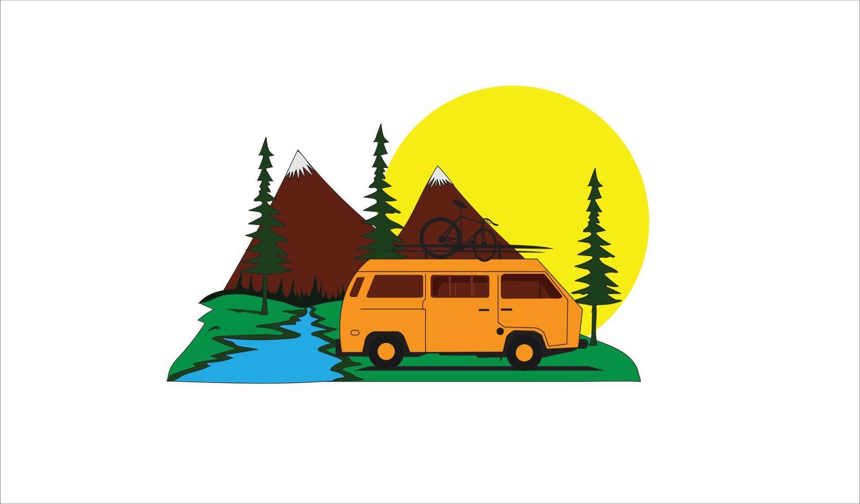 concepto de vector de dibujos animados de campamento de picnic. hermoso paisaje verde