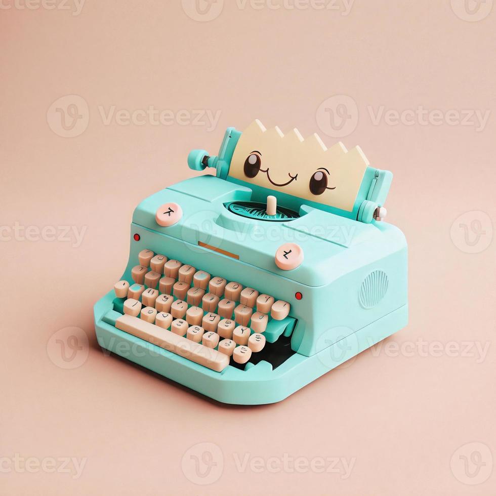 Cute whimsical 3D typewriter icon character perfect for writing, literature projects, website icons, app buttons, marketing materials. Adorable cartoon-like design, cheerful colors, friendly express photo