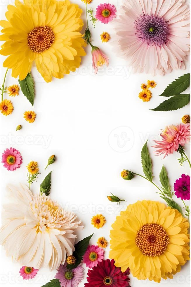 Top view floral background photo with plenty of copy space, perfect for website backgrounds, social media posts, advertising, packaging, etc. Vibrant flowers, lush greenery, shallow depth of field.