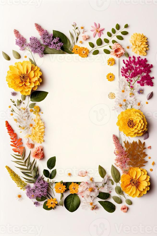 Top view floral background photo with plenty of copy space, perfect for website backgrounds, social media posts, advertising, packaging, etc. Vibrant flowers, lush greenery, shallow depth of field.