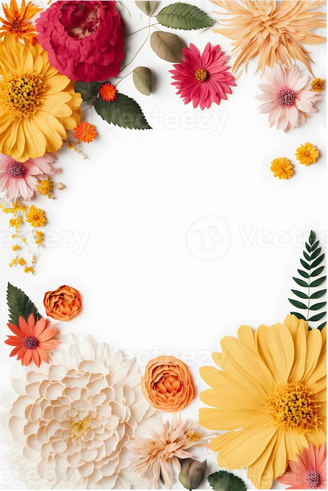 Top view floral background photo with plenty of copy space, perfect for website backgrounds, social media posts, advertising, packaging, etc. Vibrant flowers, lush greenery, shallow depth of field.