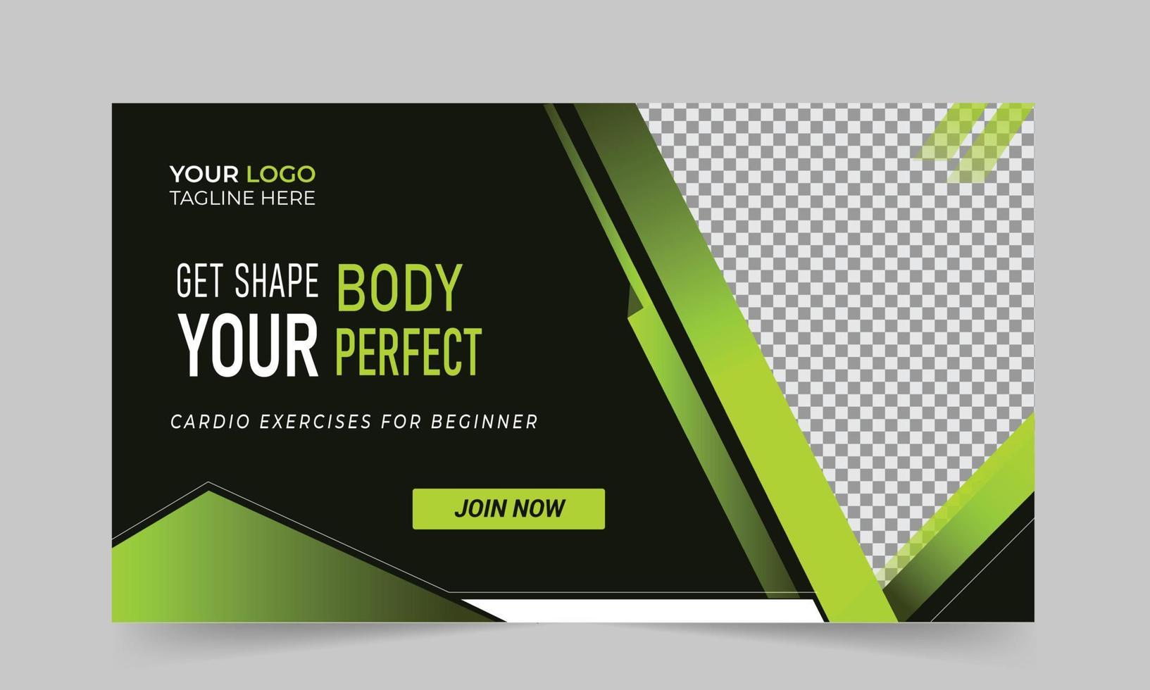 Gym fitness training exercise  thumbnail design for any videos and web banner template Premium Vector. Customizable Video cover photo design for social media vector