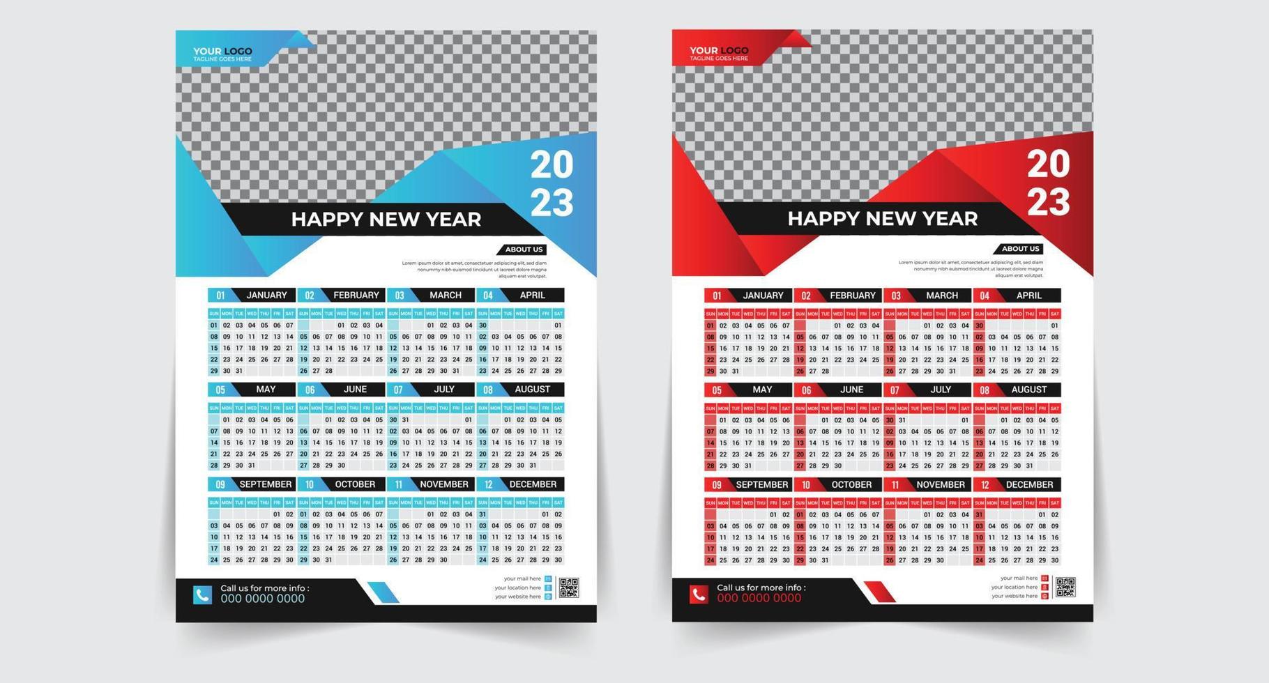 vector de plantilla de diseño de calendario de pared de año nuevo moderno 2023, plantilla de diseño de calendario creativo de alta calidad listo para imprimir