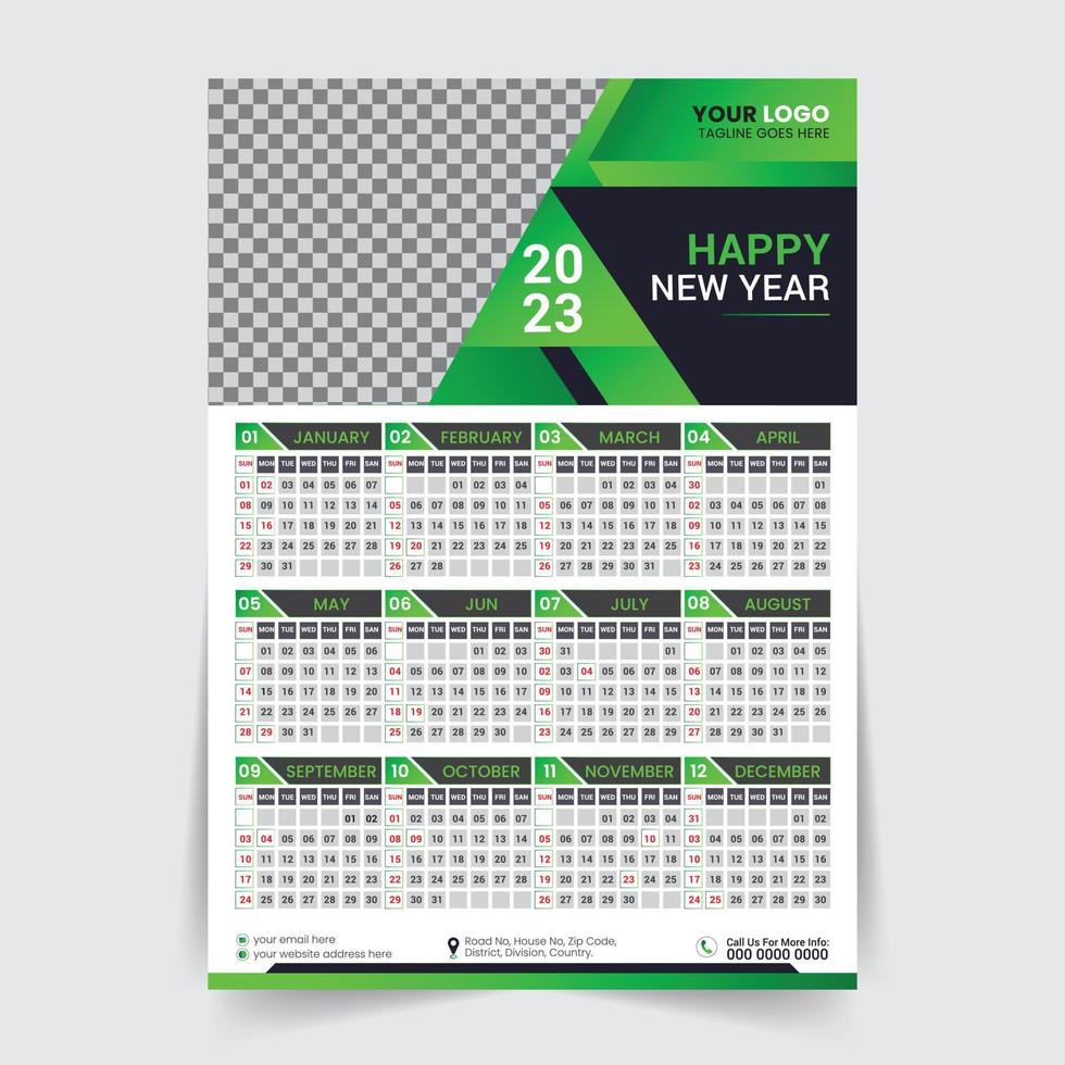 vector de plantilla de diseño de calendario de pared de año nuevo moderno 2023, plantilla de diseño de calendario creativo de alta calidad listo para imprimir