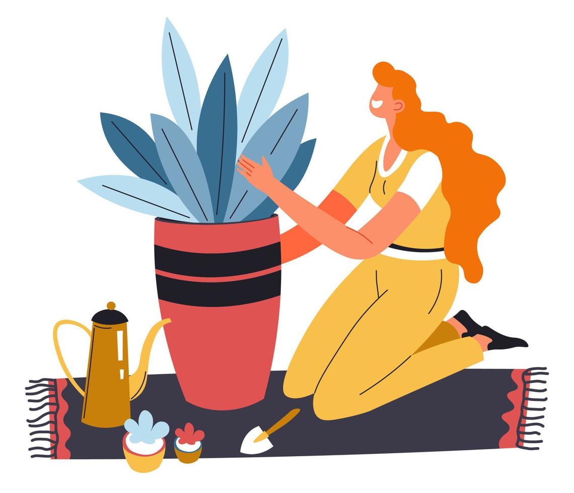 Housewife caring for plant, gardening hobby vector